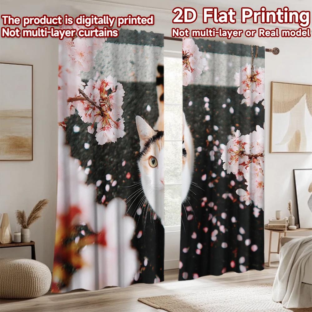 2D flat printing 2pcs Curtains Cat Cherry Blossoms Petals Digital Printed Polyester Drapes Family Party Decoration for Photo