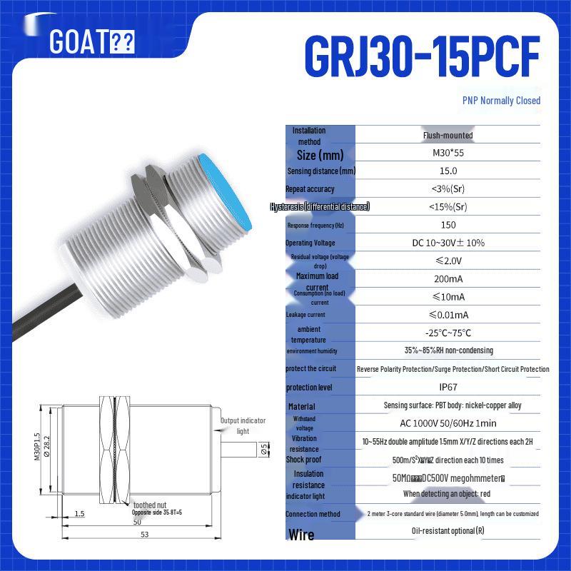 Adjustable M30 Metal Sensing Inductive Proximity Switch, 10-30V, Three-Wire, NPN/PNP, NO/NC.