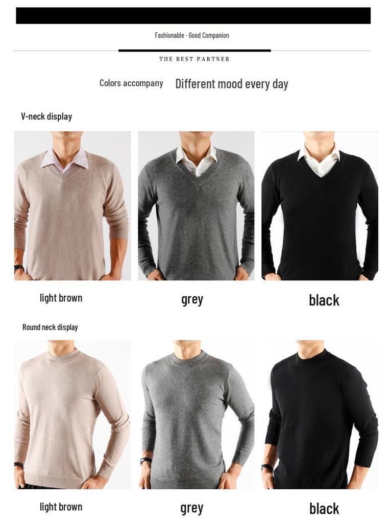 Men's Round Neck Pure Wool Pullover Sweater – Solid Color Knit Base Layer