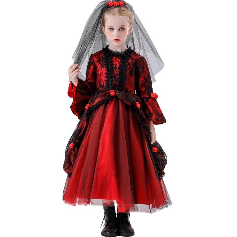 Halloween Kids Vampire Girl Witch Red Ghost Bride Princess Dress Girl Photography Walk Show Costume