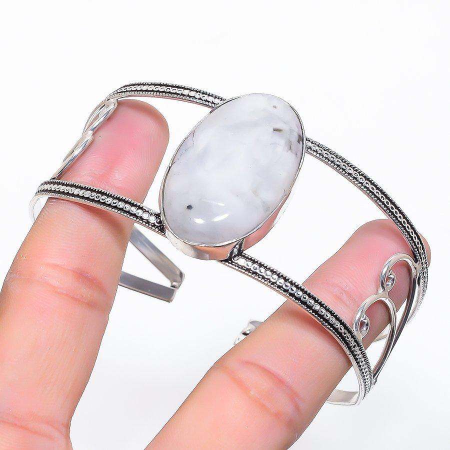 Natural Moonstone Gemstone 925 Sterling Silver Cuff Bangle Adjustable c8W81