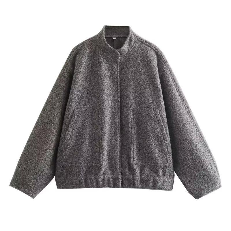 Women Fashion Vintage Pockets Woolen Jacket Autumn Casual Solid Long Sleeve Coat Snap Button Loose Outerwear
