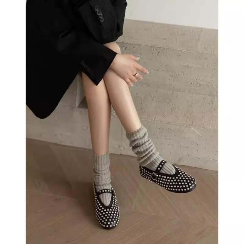 French Leather Round Head Rhinestone Rivets Mary Jane Single Shoes Women's 2025 Spring New Comfortable Flat Ballet Shoes