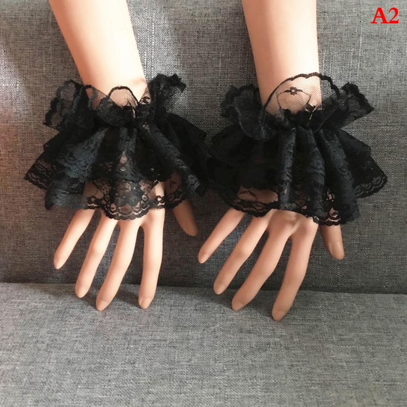 1 pair Lolita Hand Sleeve Wrist Cuffs Ruffled Floral Black Lace Elastic Bracelet Elegant Ladies Short Lace Gloves Halloween
