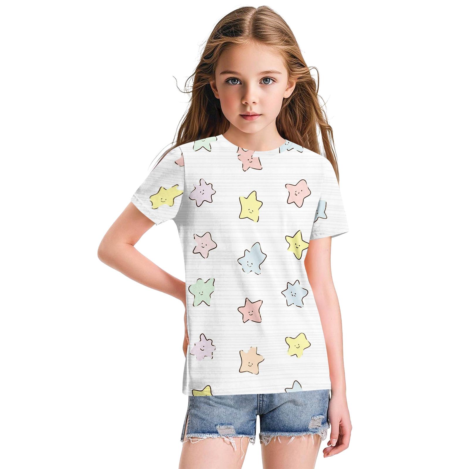 

Cute Floral Print Loose Casual Fashion Round Neck Short-Sleeved Top For Children 160 білий