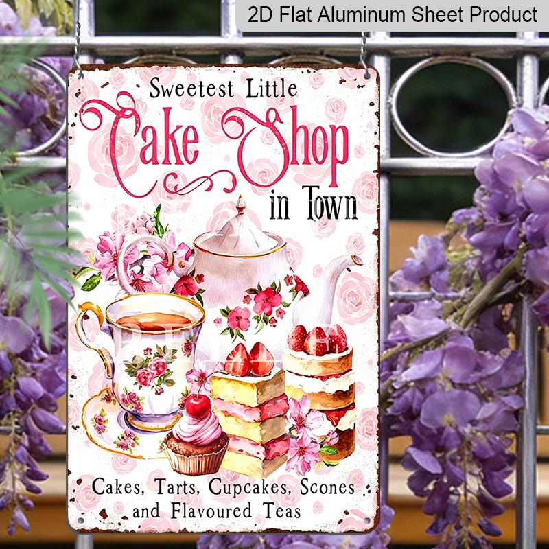 2D Flat, Vintage Aluminum Wall Art Plaque for Cake Shops, Cupcake Towers & Tea Parties - Rustic Kitchen Decor with "Sweetest Little Cake Shop in