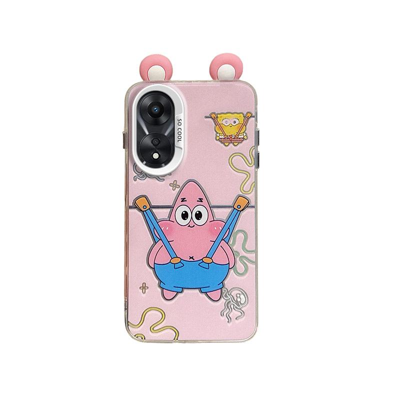 KEYSION Cute Ear Cartoon Case for OPPO A58 4G A38 A18 with Lanyard Soft Silicone+PC Shockproof Phone Back Cover for OPPO A17 A17K