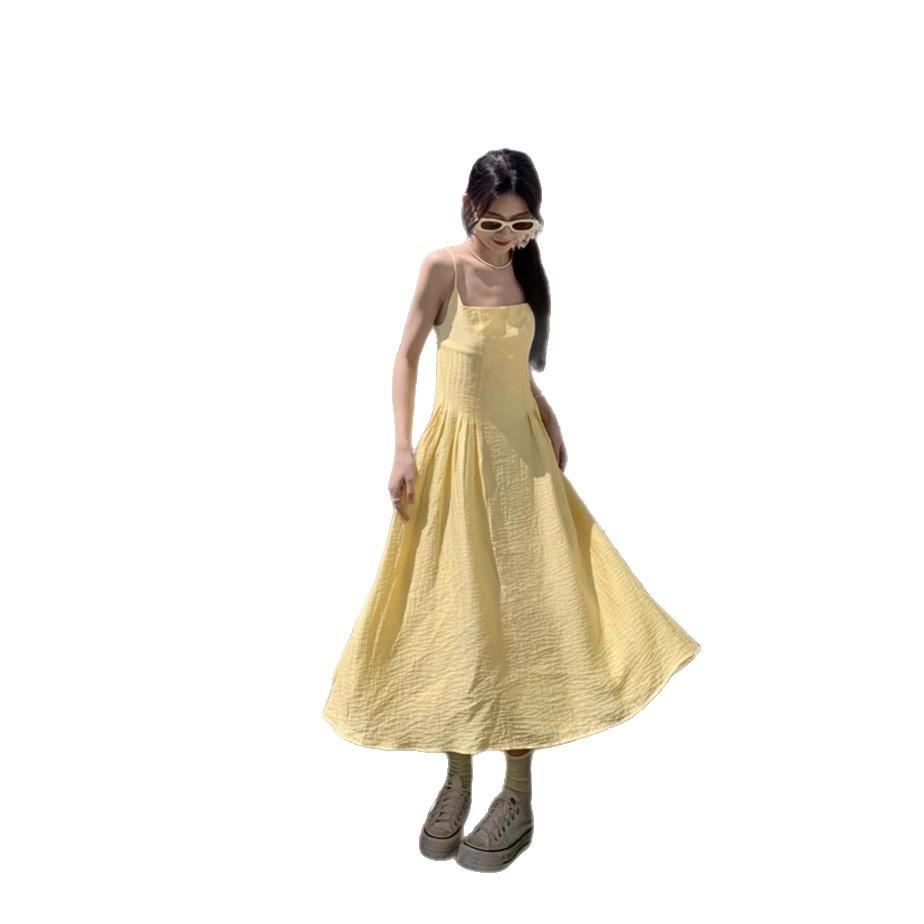 Seaside Vacation Super Beautiful Yellow Suspender Dress Women's Summer Travel Thai Gentle Wind Waist French Long Skirt