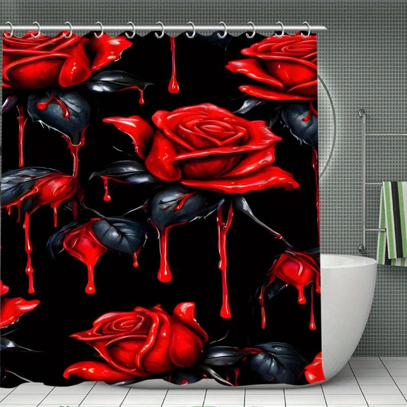Crimson Rose Shower Curtain Set With Non-Slip Bath Mat, U-Shaped Toilet Rug, Toilet Lid Cover, Durable Water-Resistant Polyester