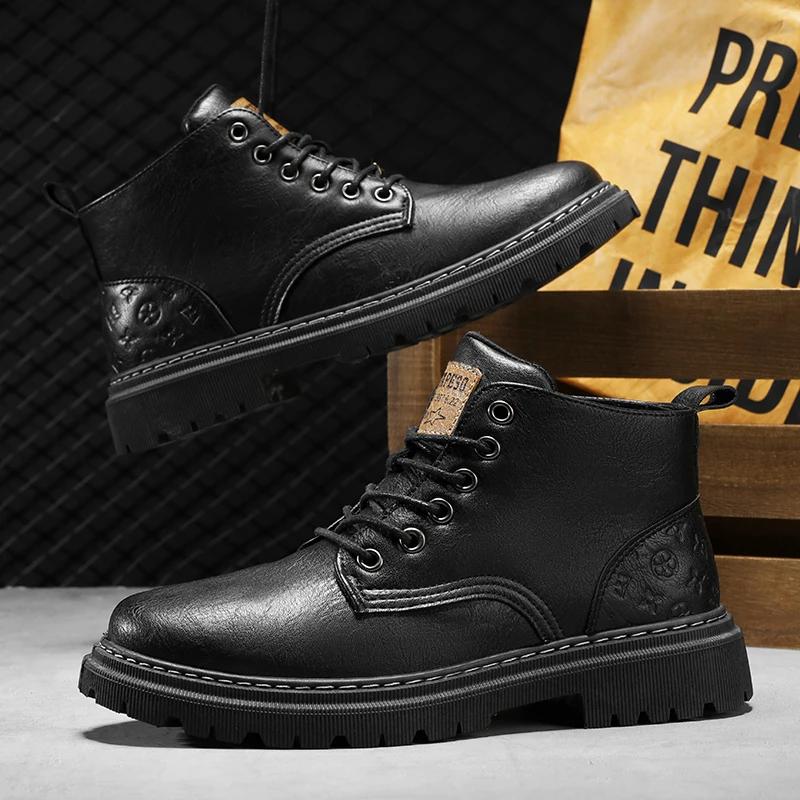 Winter Men Boots British Style Mens Ankle Boots High Top Business Leather Boots Outdoor Casual Shoes Thick Soled Work Boots