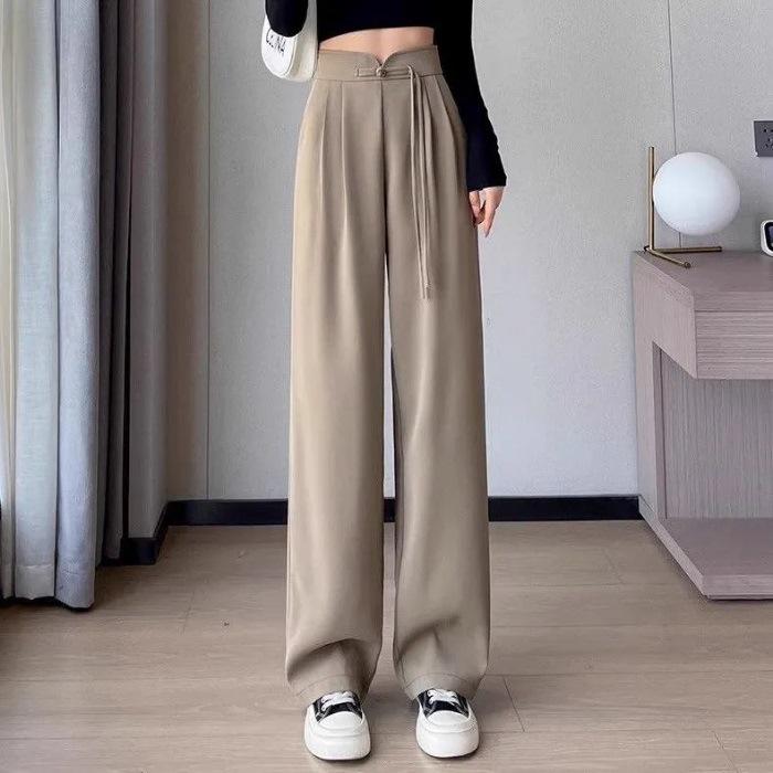 Pantalon d'automne 2026 pour femme, taille haute, jambe large, drapé, style chinois, couleur unie, coupe décontractée