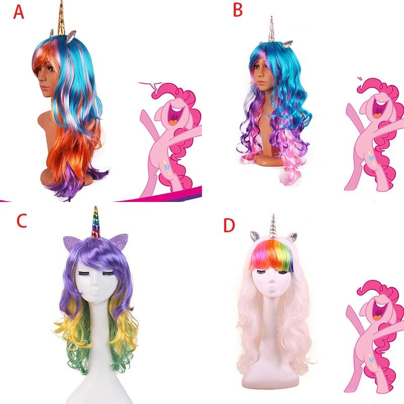 New Fashion Women Ear Unicorn Rainbow Wig Long Curly Wave Hair For Cosplay Party