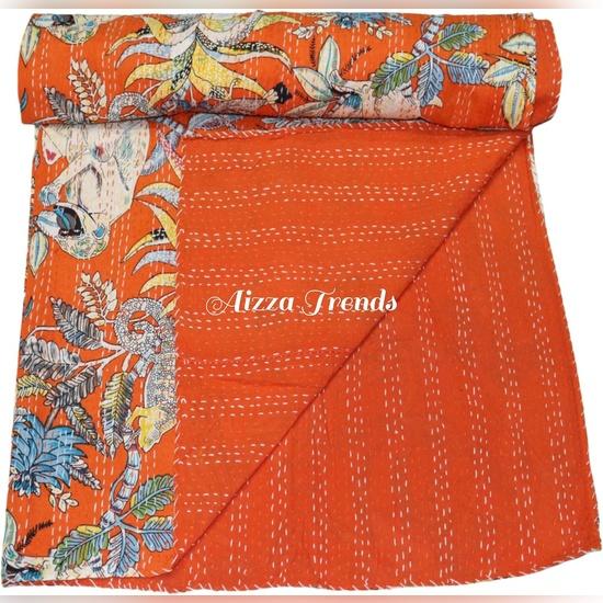 Aizza Trends Handmade Pure Cotton Monkey Print Kantha Quilt  - Traditional Look Bed Spread Kantha Gudri - Vintage Hand Stitch Gudri