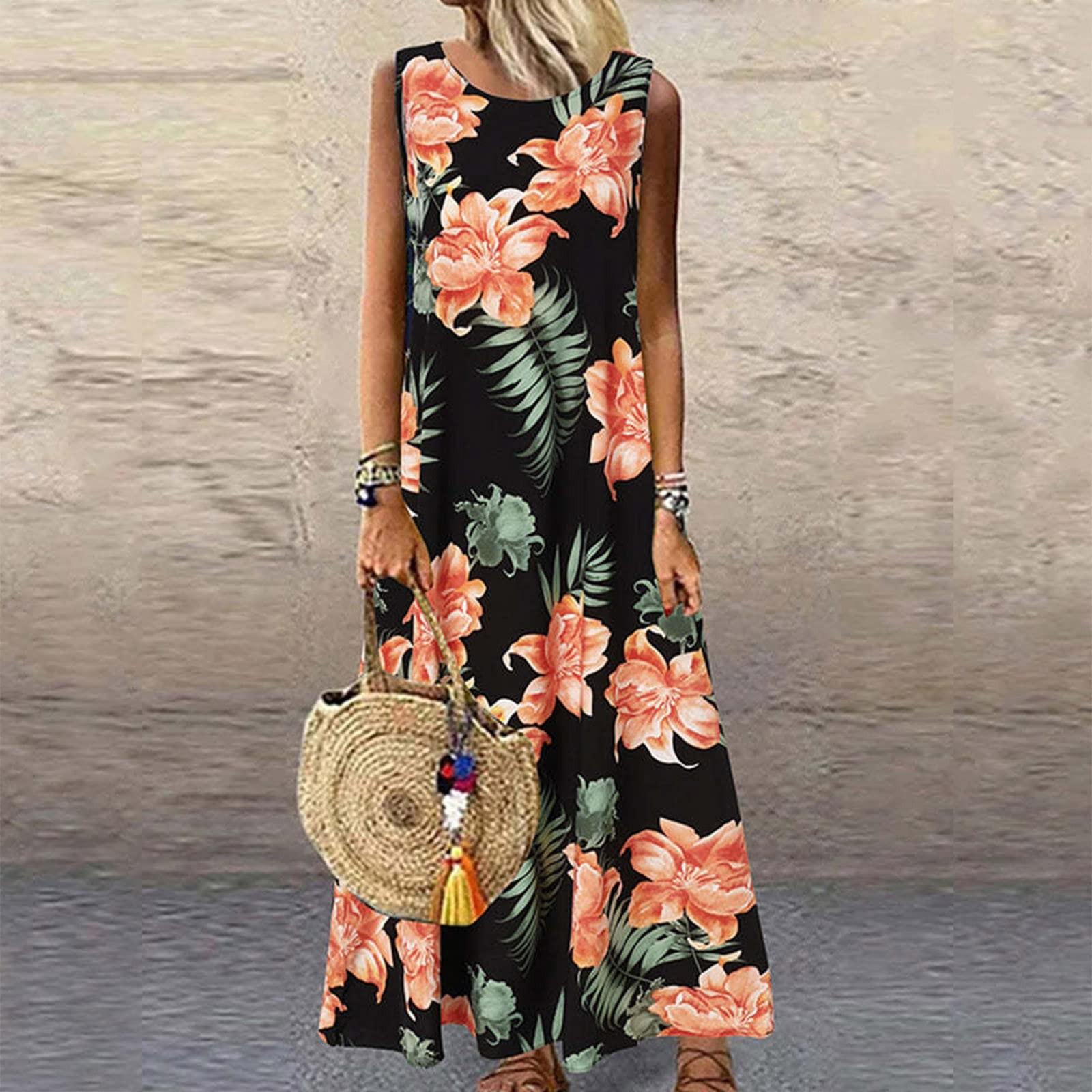 

Women Plus Size Bohemian O-Neck Floral Print Vintage Sleeveless Long Maxi Dress XXXXXL чорний