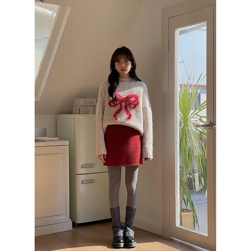 

[Ge Ming] Женский корейский свитер с бантом - Зима 2025 года, облегающий топ J646B One Size (80-140) абрикосовый