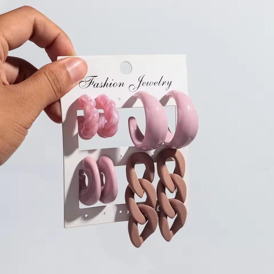 

Korean 4Pair/Set Geometric Acrylic Earring Hoops for Women Fashion Colorful Resin Link Chain Ear Drop Jewelry Set Birthday Gifts розовый