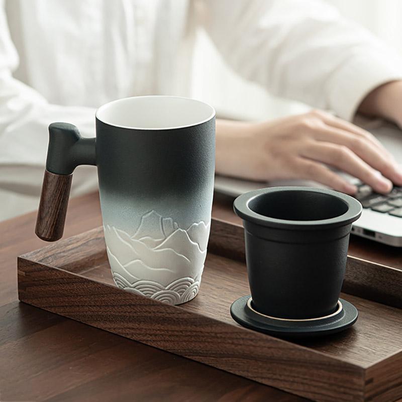 

Ceramic Mugs Retro Tea Cup Luxury Large Capacity with Cover Wooden Handle Office Thermal Mug Personalized Gifts Home Drinkware 300ML