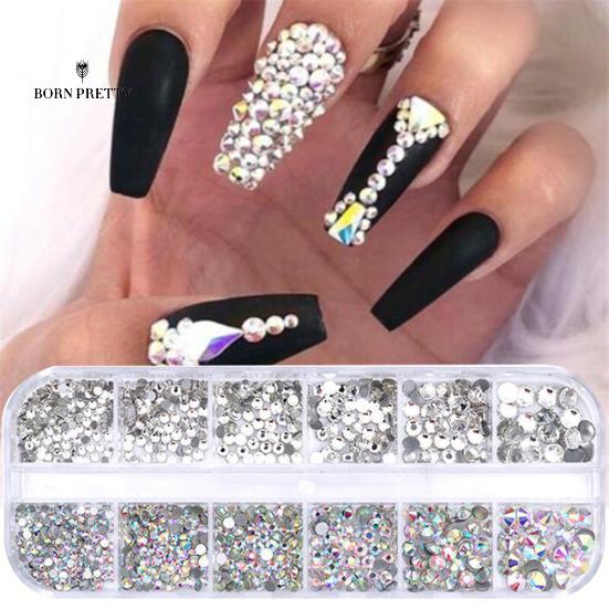 12 Grids Glitter Nails Ornaments Transparent Flat Rhinestone Mixed Shiny Jewelry Manicure Decor