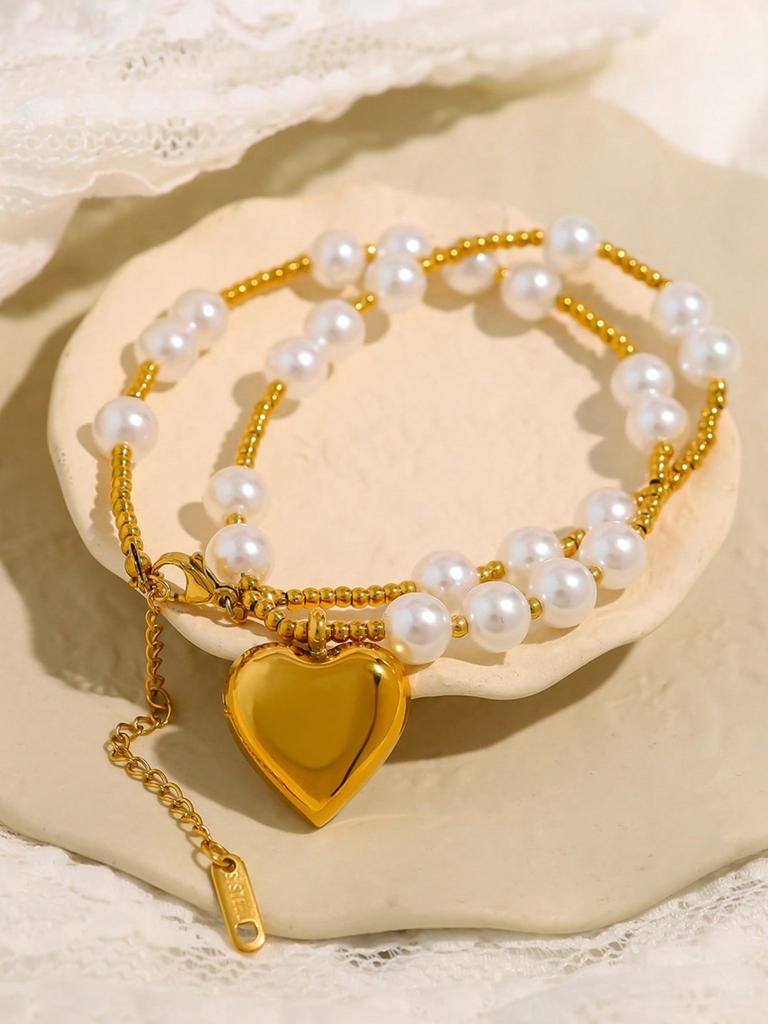 1 Pc Handmade Beaded Faux Zircon Necklace, Fashionable Titanium Gold-Plated Heart Pendant Clavicle Chain Necklace For Women