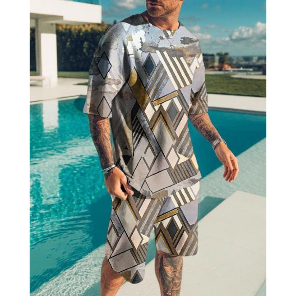 Summer Men's O-Neck Short Suit Sleeve coatGeometric Pattern Print 3D Sportswear Casual Oversized Top Shorts Breathable Sportswea