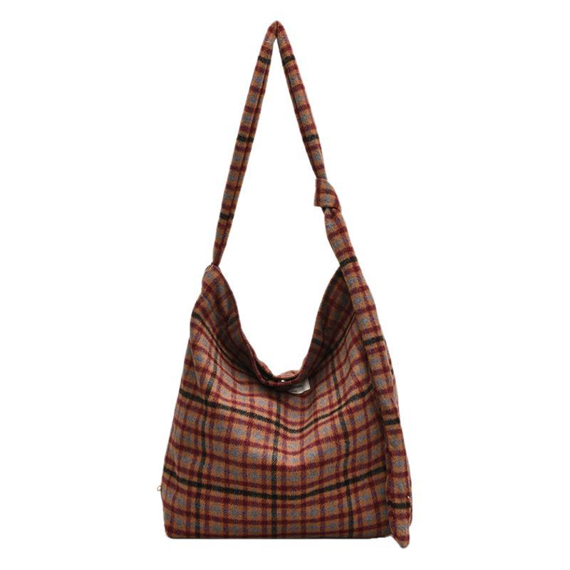 Autumn Fashion Versatile Woolen Plaid Shoulder Bag Retro Leopard Print Portable Commuter Canvas Bag Women's Casual Tote Bag
