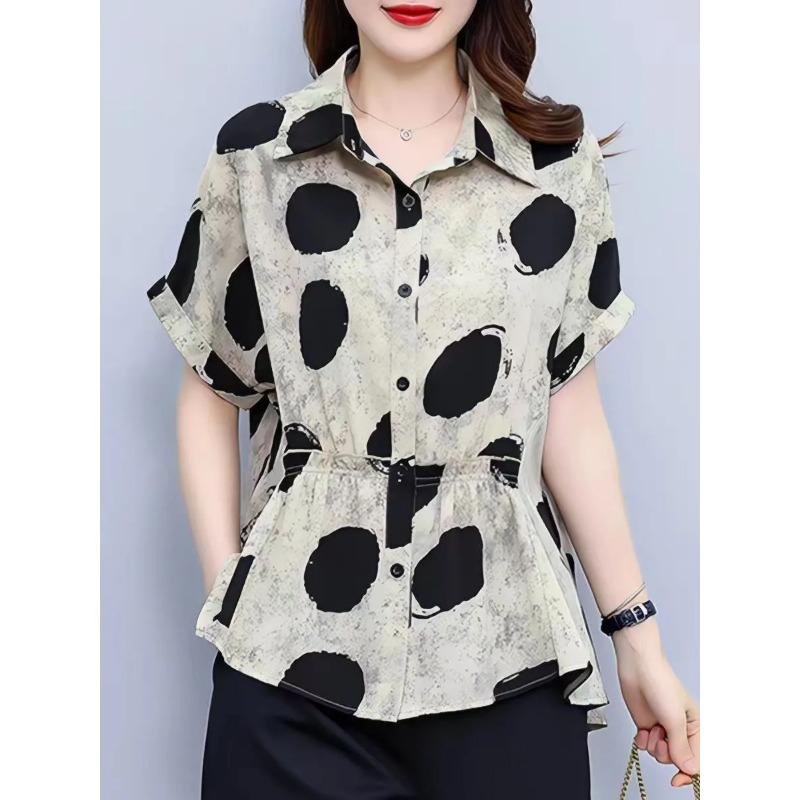 Women s Beige Black Polka Dot Short Sleeve Cinched Waist Blouse M