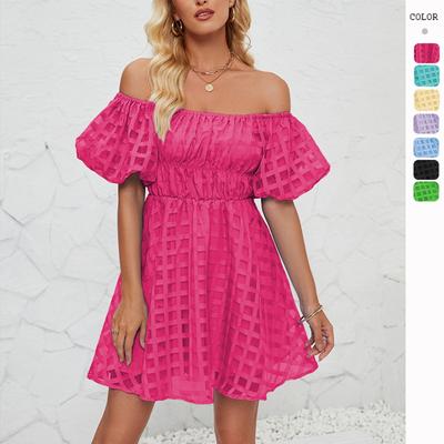 Off-shoulder Puff Short-sleeved Pleated High-waisted Summer Mini Dress with Fabric Lining