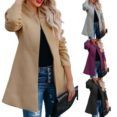 Manteau pour femmes, couleur unie, manches longues épaisses, doux, longueur Midi, garde au chaud, coupe cintrée, col montant, veste de printemps, vêtements pour femmes