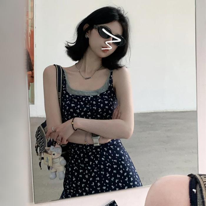 Fake two-piece sleeveless suspender floral dress women s summer new seaside vacation long dress S