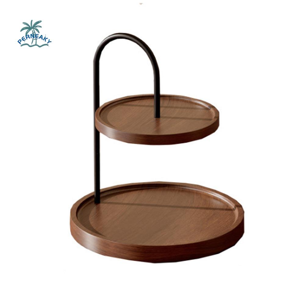 Wooden Serving Tray Stand Double Layer Space Saving Key Storage Rack Decorative Large Capacity Two Tier Holder Kitchen Table