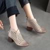 Johnature Hollow Out Boots Round Toe Breathable Back Zipper Genuine Leather Sandals Retro Mid Heel Women's Shoes