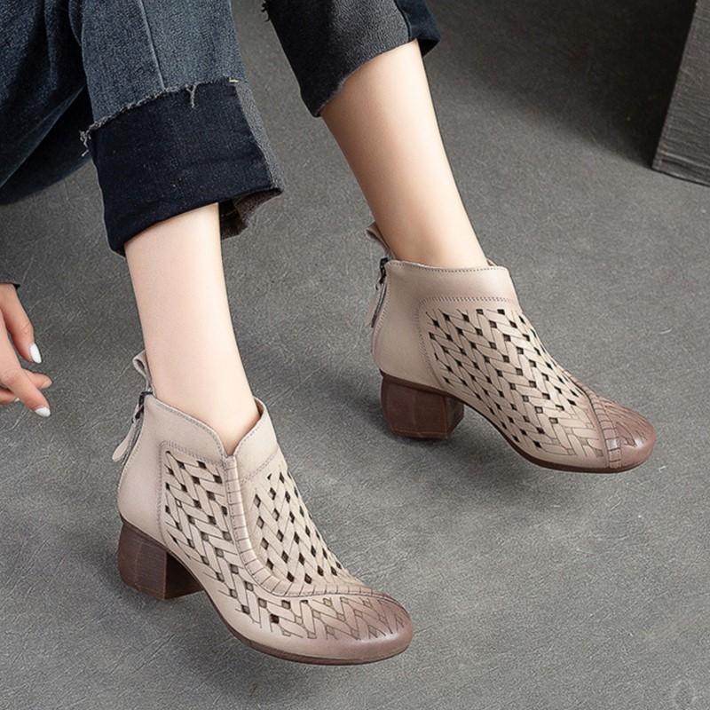 Johnature Hollow Out Boots Round Toe Breathable Back Zipper Genuine Leather Sandals Retro Mid Heel Women's Shoes