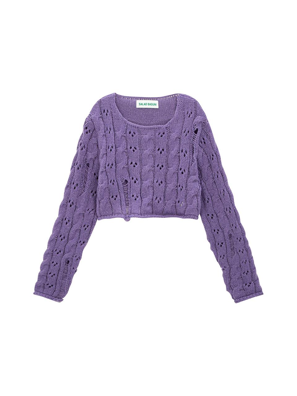 Salad Basket Damaged Cable Cropped Pullover_Dark Purple