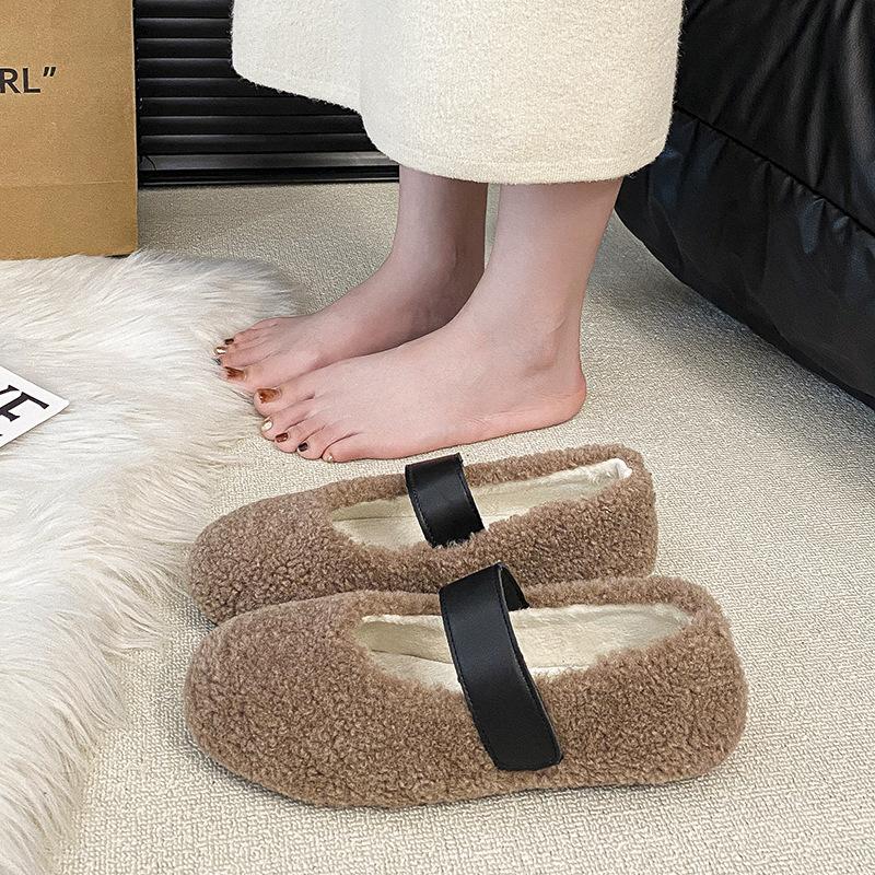 

Осенью и зимой 2025 года, новый модный и универсальный ремень на плоской подошве в виде одной полосы, туфли Doudou, теплые одинарные туфли из бархата, туфли Mao Mao 40