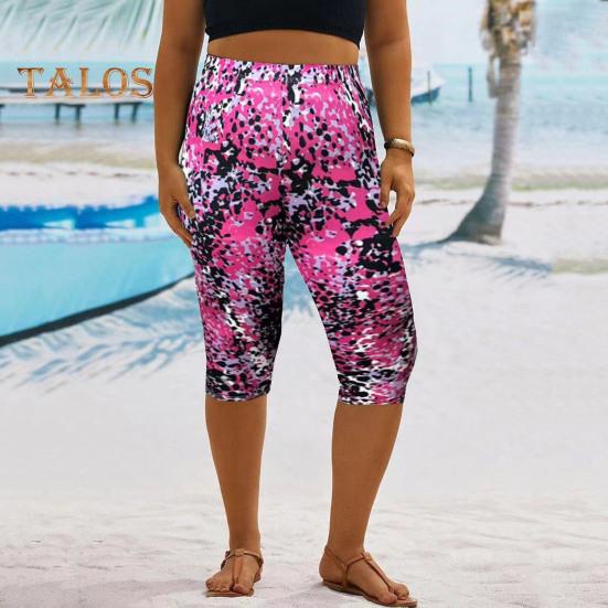 Women Cropped Pants Elastic High Waist Digital Flower Print Mid-calf Length Pants Tight Fit Cropped Trousers