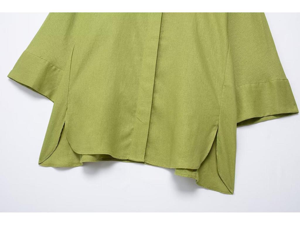 Damski zestaw lniany w stylu europejskim i amerykańskim: koszula z szerokimi rękawami i spodnie z prostymi nogawkami na gumce