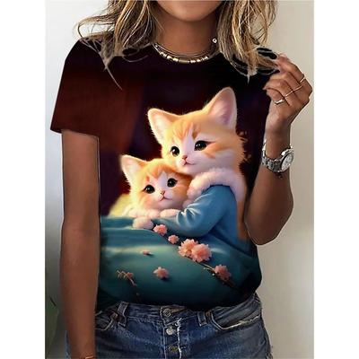 Women's Casual Cat Print T-Shirt - Short Sleeve Crew Neck Top for Spring and Summer - Comfortable and Stylish Clothing Option
