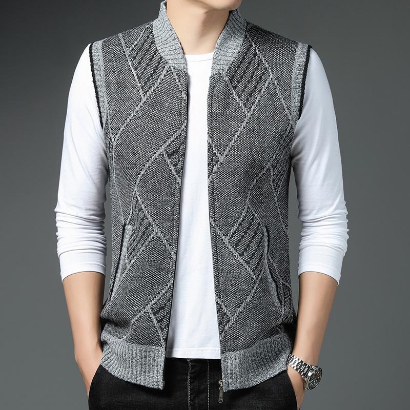 Autumn Winter Men's Vest Full Zipper Sleeveless Cardigan Knitted Sweater Vests Casual Warm Fleece Waistcoat