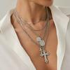 Hip-Hop Cross Pendant Necklace Set, Fashionable Diamond-Encrusted Portrait Tag Twist Chain Necklace.