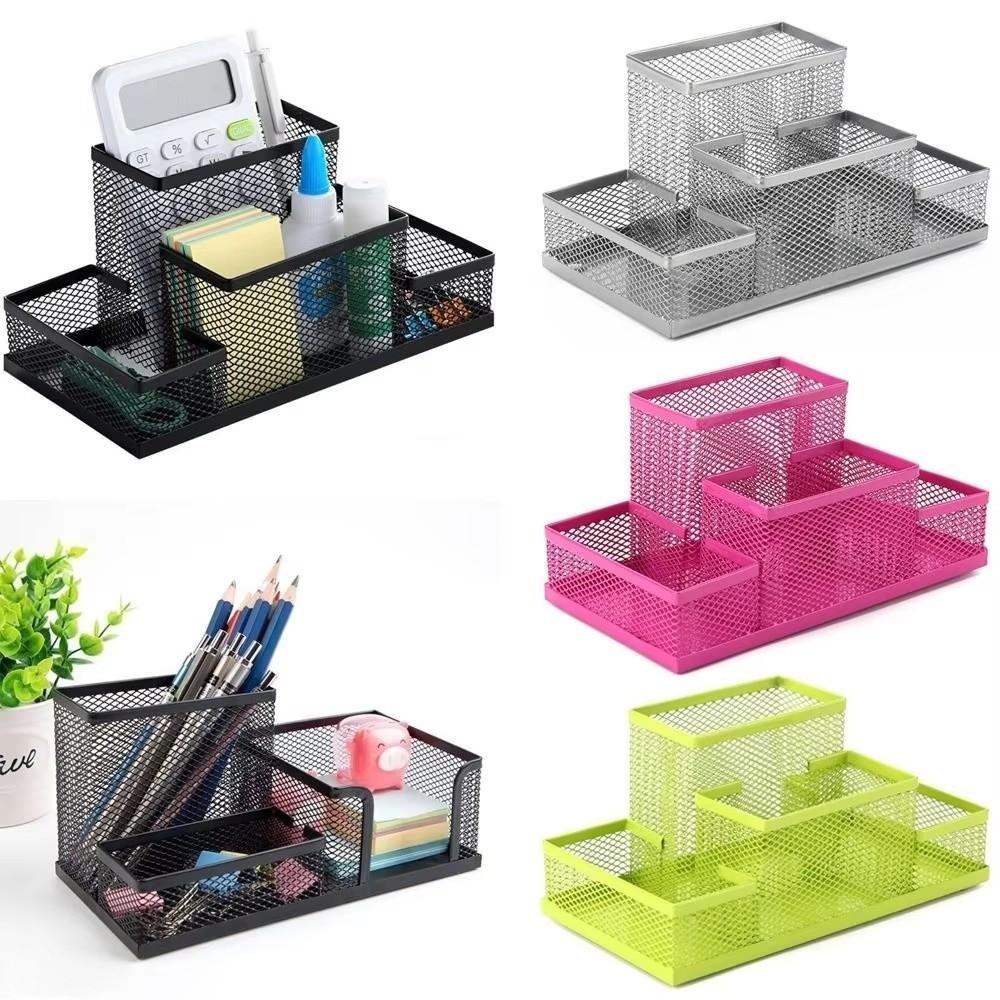 3/4 Grid Metal Mesh Pen Holder Large Capacity Makeup Brush Storage Bucket Bedroom Decoration