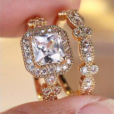 2 Pcs/set Golden Color Square Cut White Stone Ring Set Wedding Band Valentine's Day Jewelry