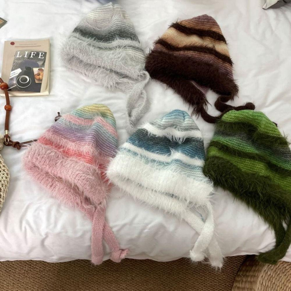 New Design Y2k Handbag-hat Hand-crocheted Pullover Beanie Hat Winter Striped Drawstring Hat  Women