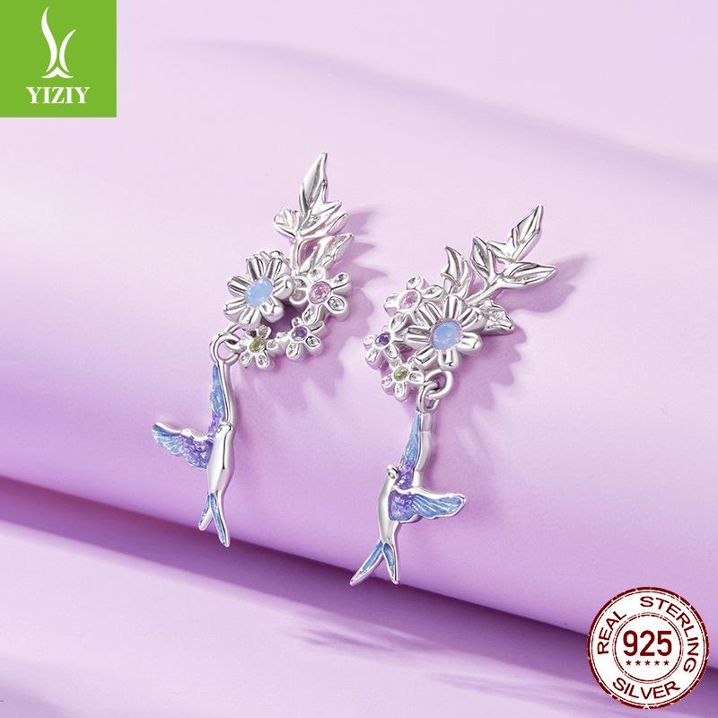 Purple Flower Bird Stud Earrings Female S925 Sterling Silver Tide Super Fairy Niche Exquisite Light Luxury Earrings Female
