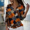 Halloween Cute Pumpkin Cat Lantern Cute Ghost Element Women's Clothing Long Sleeve Shirt Print Lapel Button Holiday Party Tops