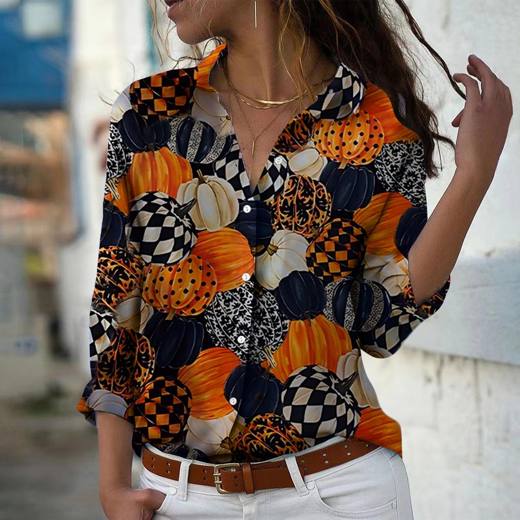Halloween Cute Pumpkin Cat Lantern Cute Ghost Element Women's Clothing Long Sleeve Shirt Print Lapel Button Holiday Party Tops