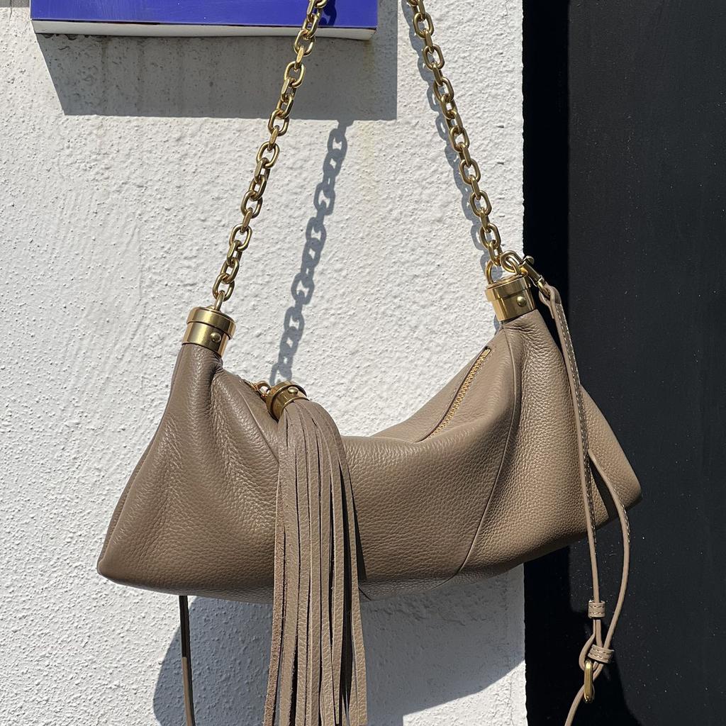 Genuine Leather Shoulder Bag Niche Design Tassel Chain Underarm Bag Women's Bag Crossbody Bag Fashion Soft Top-Grain Cowhide