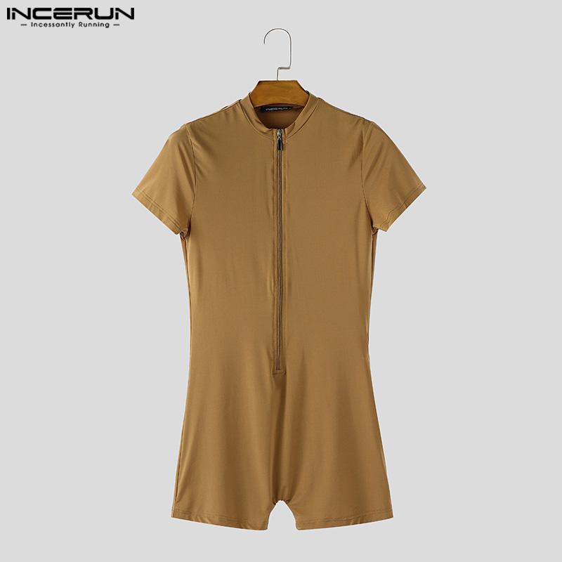 INCERUN Men Short Sleeve Front Zipper Semi-Sheer Jumpsuits Pajamas Sleepwear