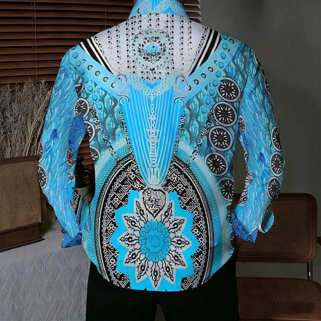 Men Collared Shirt Dark Blue Light Leaf Floral Silhouette Print Long Sleeve Button Down Top