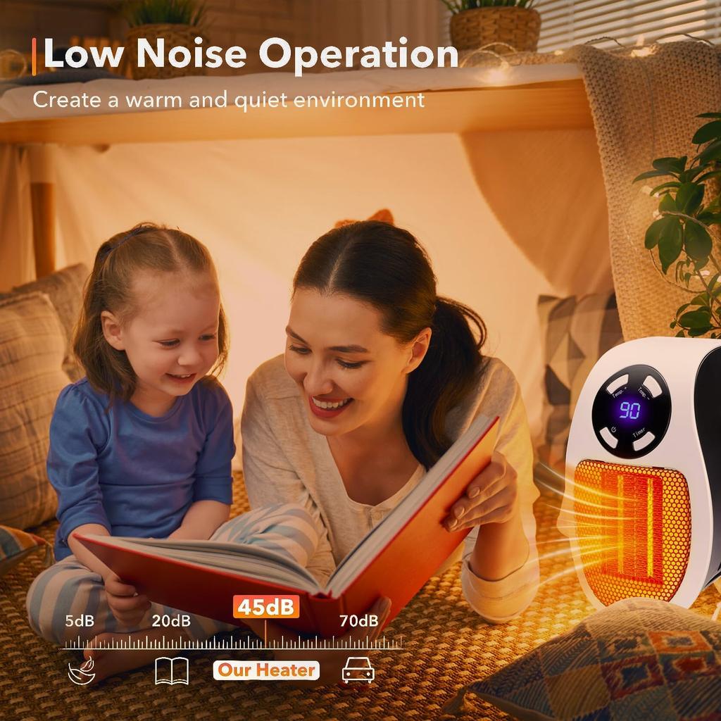 Portable Plug In Heater, 500W Small Electric Heater with Overheat Protection, Adjustable Electronic Thermostat, Precise LED Display Wall Outlet Space