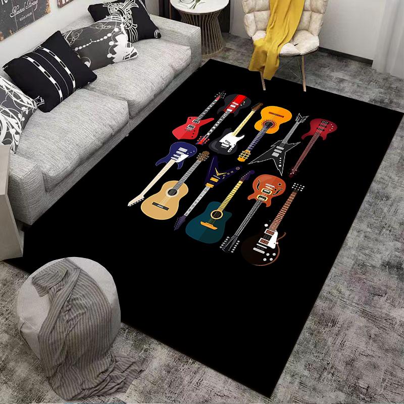 Colorful Guitar Pattern Carpet for Music Lovers, Black Background Design Suitable for Use As an Anti-slip for Living Room Bedroom Sofas